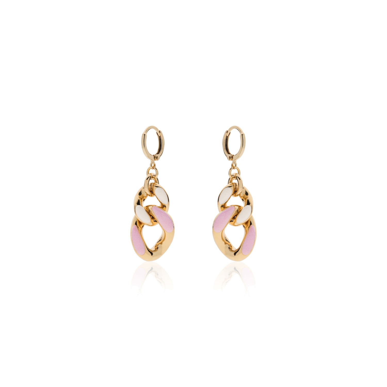 Orecchini in Ottone Dorato con Catena Grumetta e Smalto Rosa e Bianco Unoaerre