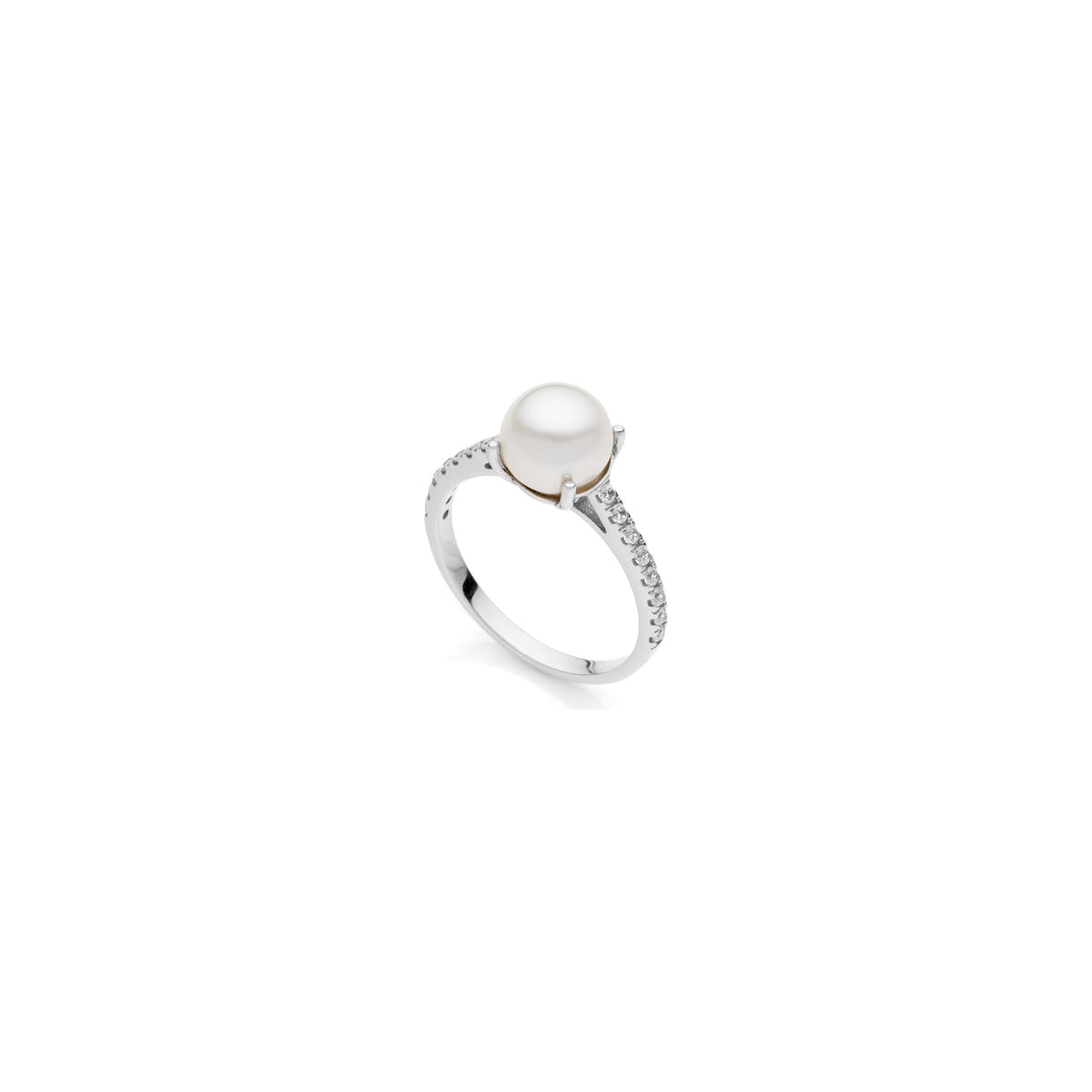 Anillo de Plata Rodiada con Perla Blanca y Circonitas Unoaerre