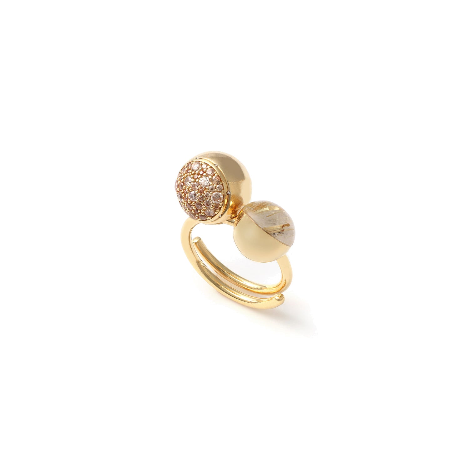 Anello in Argento Dorato e Sfere con Pavé di Zirconi e Quarz Unoaerre