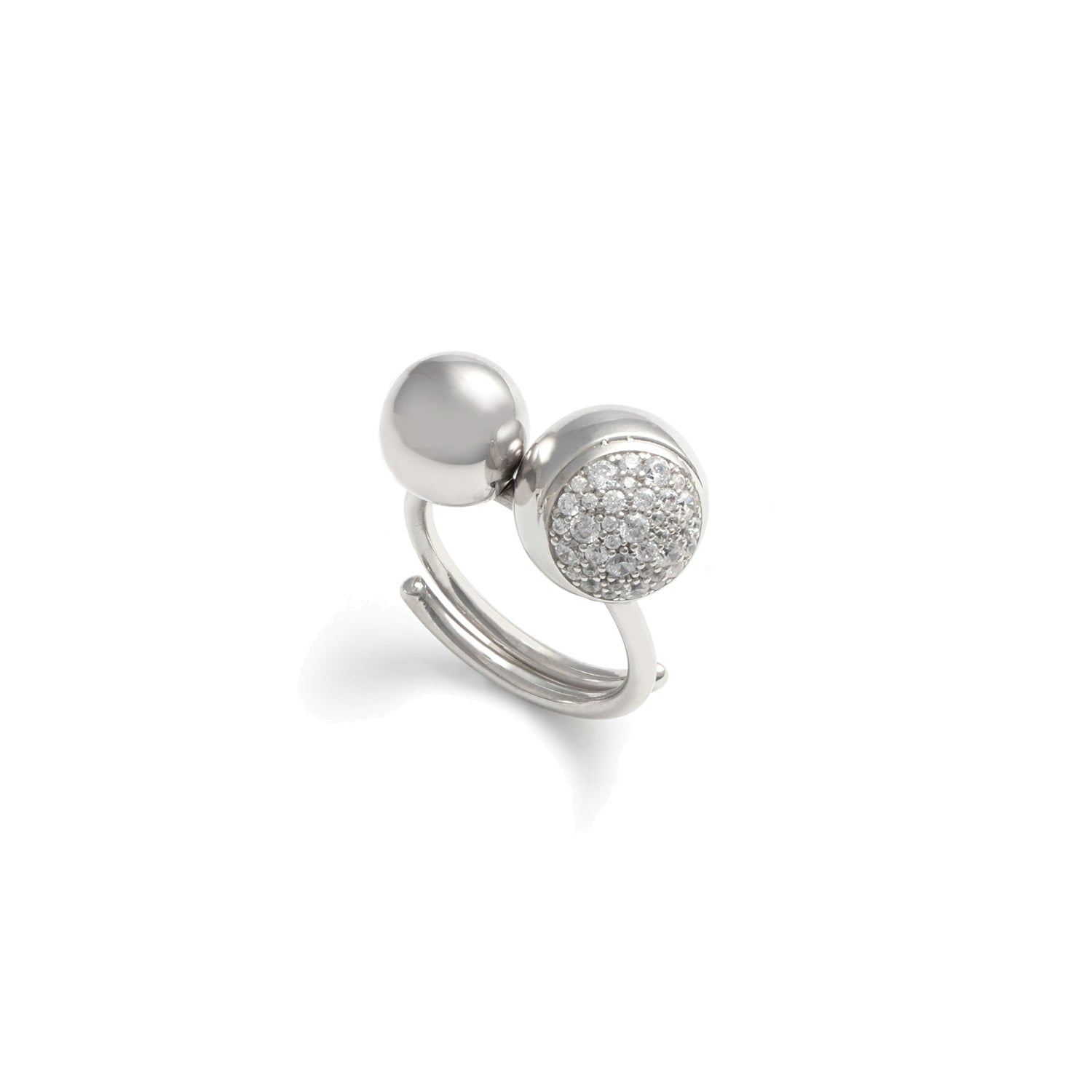 Anello in Argento Rodiato e Sfere con Pavé di Zirconi Bianchi Unoaerre