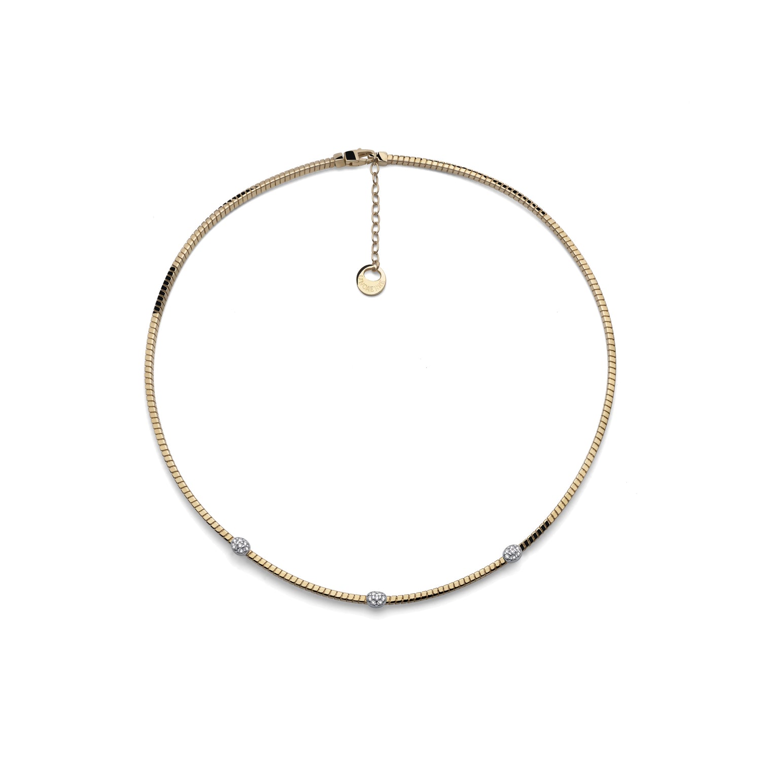 Collana in Argento Dorato con Tubo Zigrinato ed Elementi Ovali con Zirconi Unoaerre