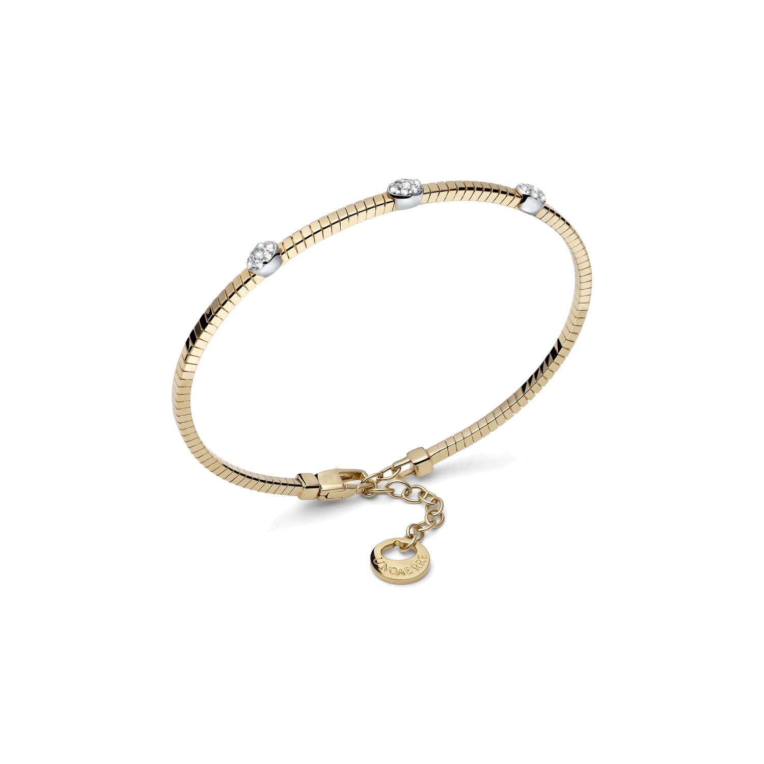 Bracciale in Argento Dorato con Tubo Zigrinato ed Elementi Ovali con Pavé Unoaerre