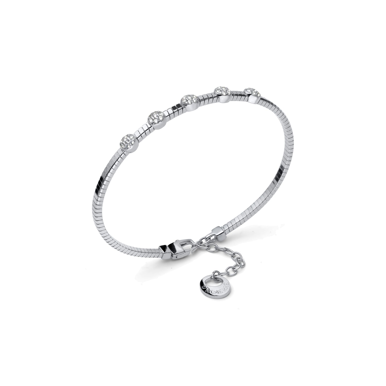 Bracciale in Argento Rodiato con Tubo Zigrinato ed Elementi Ovali con Pavé Unoaerre
