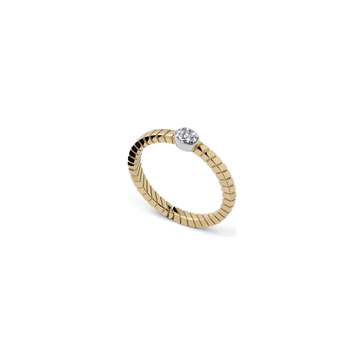 Anillo de plata dorada con tubo estriado y elemento central con pavé Unoaerre