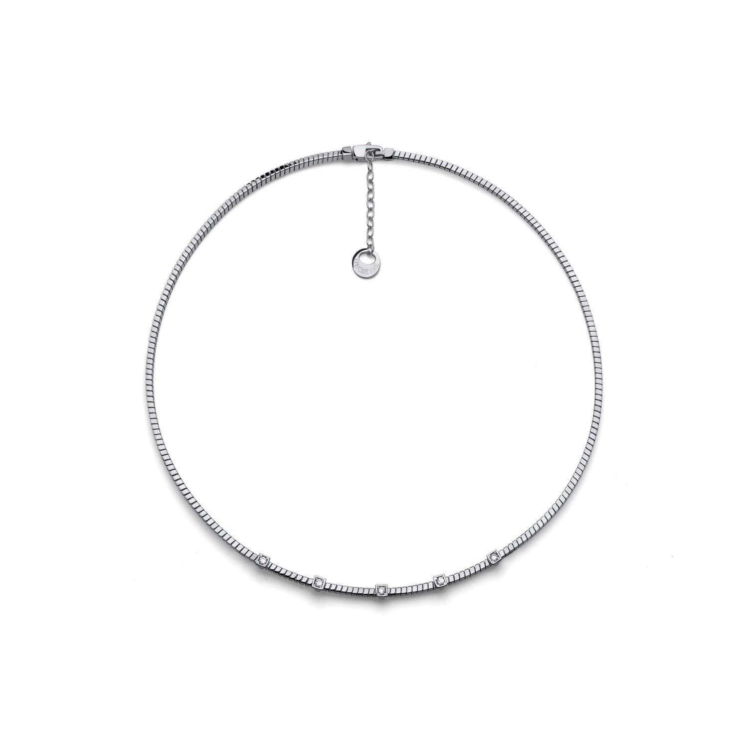 Collana in Argento Rodiato con Tubo Zigrinato ed Elementi Quadrati con Zirconi Unoaerre