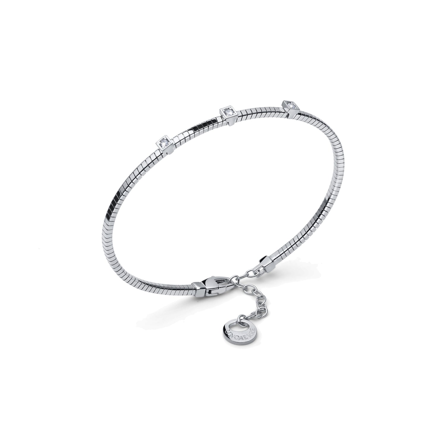 Bracciale in Argento Rodiato con Tubo Zigrinato ed Elementi Quadrati con Zirconi Unoaerre