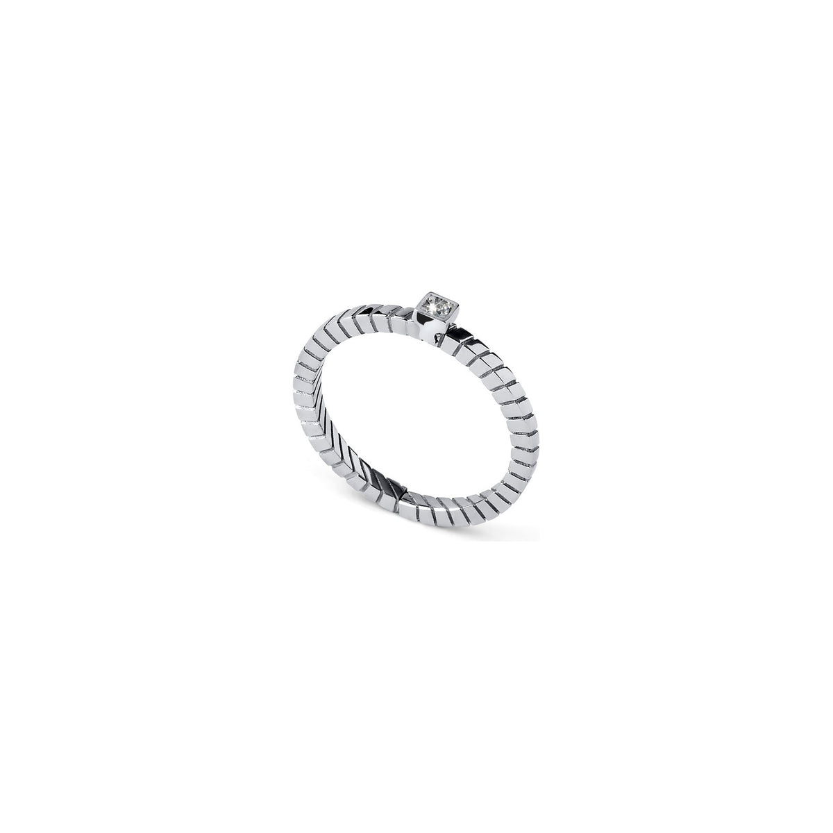 Anillo de plata rodiada con tubo estriado y solitario central con circonita Unoaerre