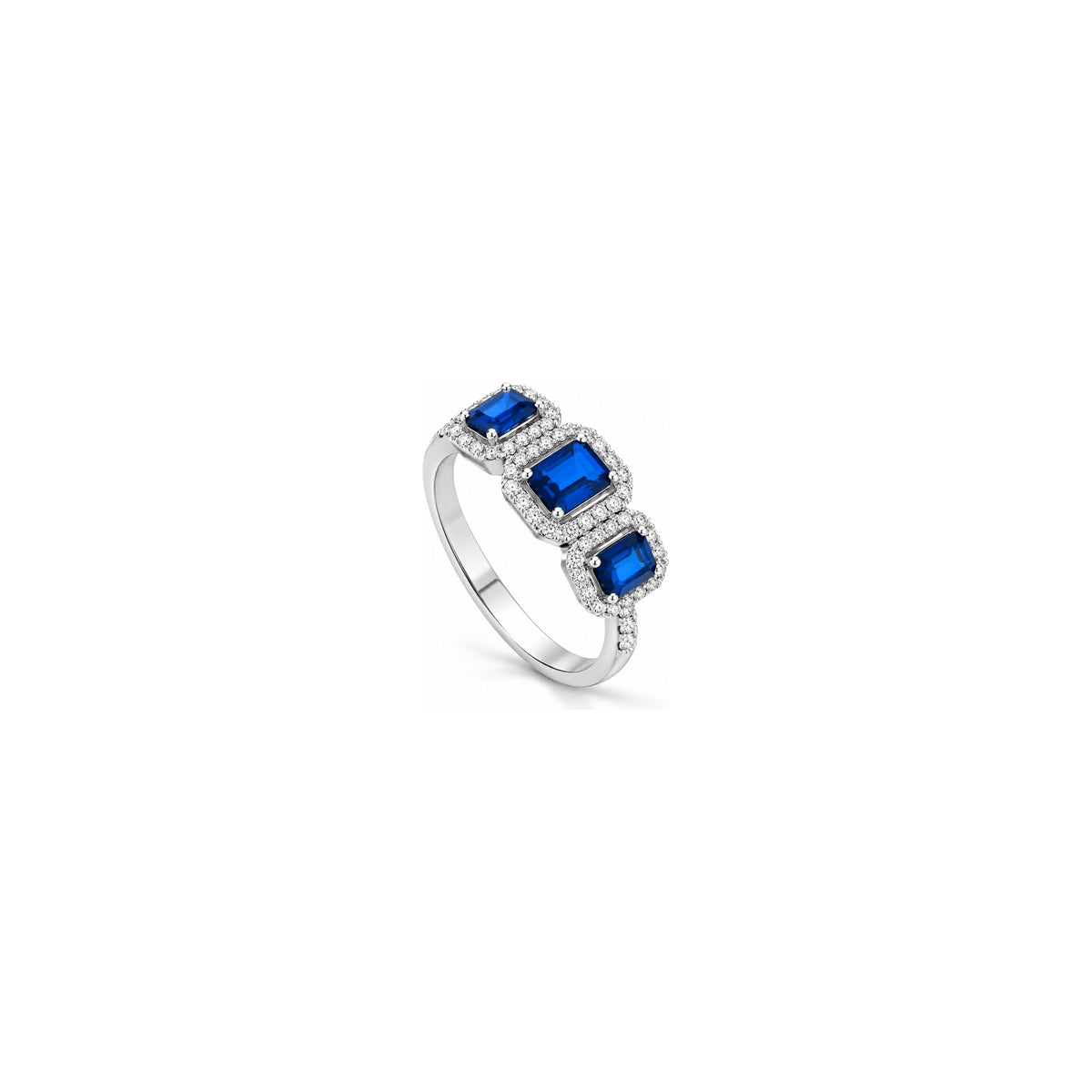 Anillo Rhea Trilogy Escalonado con Diamantes Naturales y Zafiro en Oro Blanco de 18kt AuriA