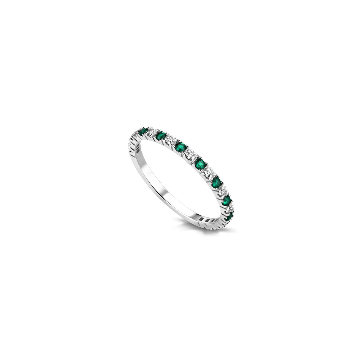AuriA 18kt White Gold Eternity Band Ring with Natural Diamonds and Emerald
