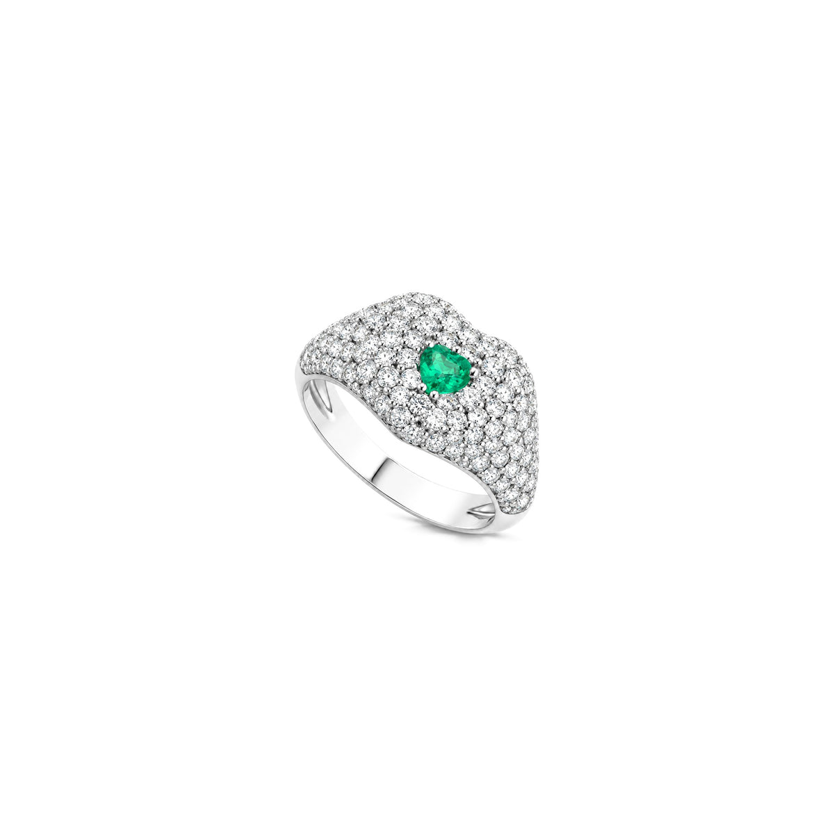 AuriA 18kt White Gold Signet Ring with Natural Diamonds and Emerald