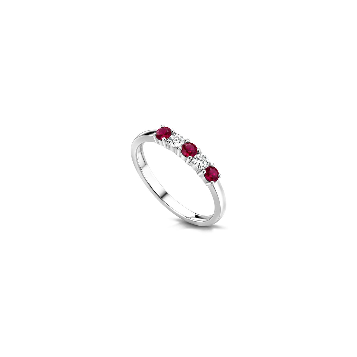 Anillo tipo alianza con diamantes naturales y rubí en oro blanco de 18kt AuriA