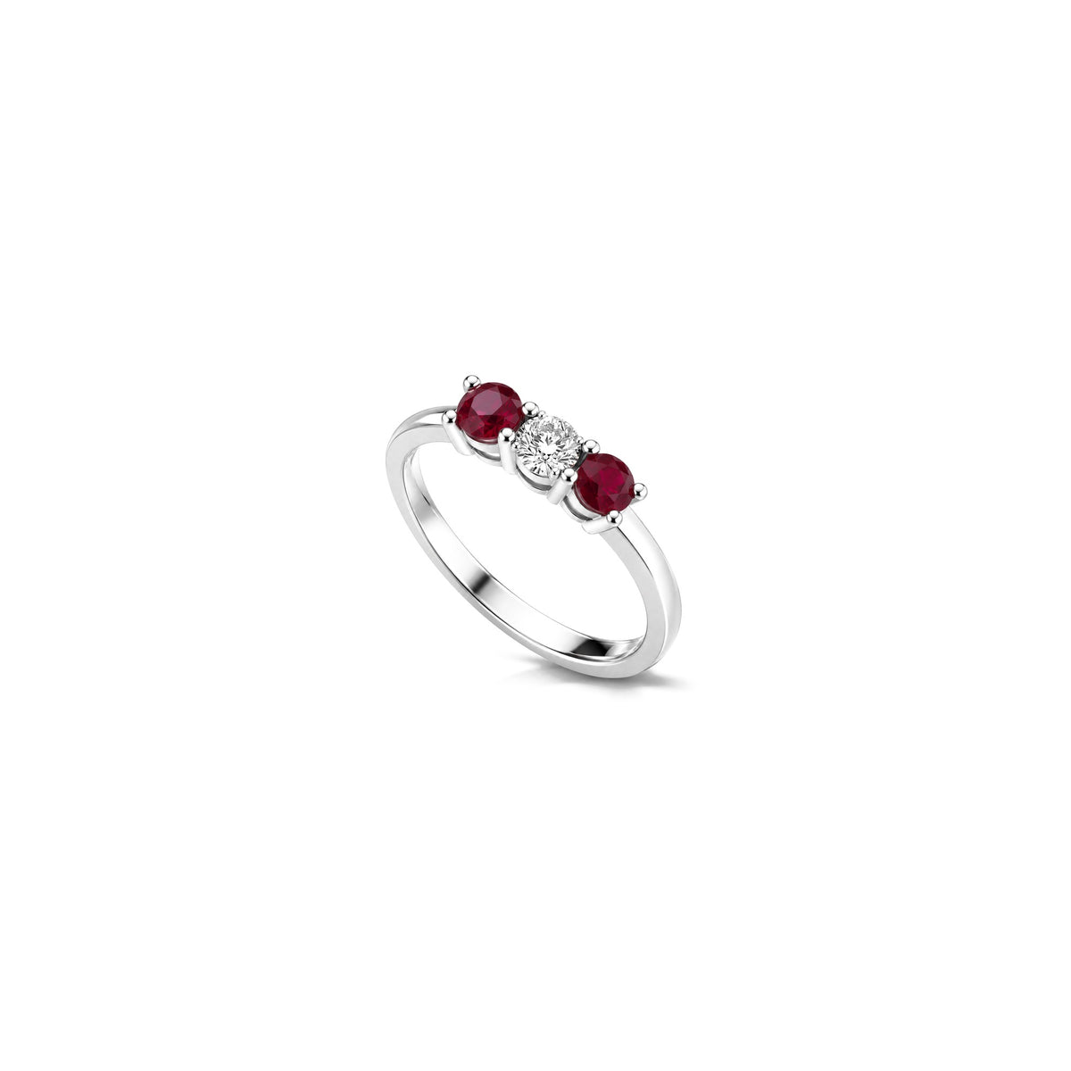 Trilogy Ring with Natural Diamonds and Ruby in 18kt White Gold AuriA