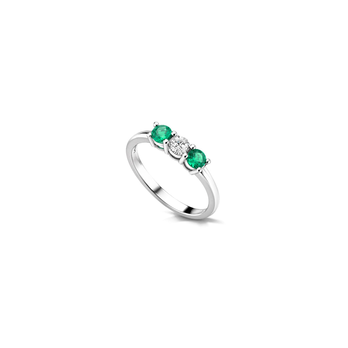 Trilogy Ring with Natural Diamonds and Emerald in 18kt White Gold AuriA