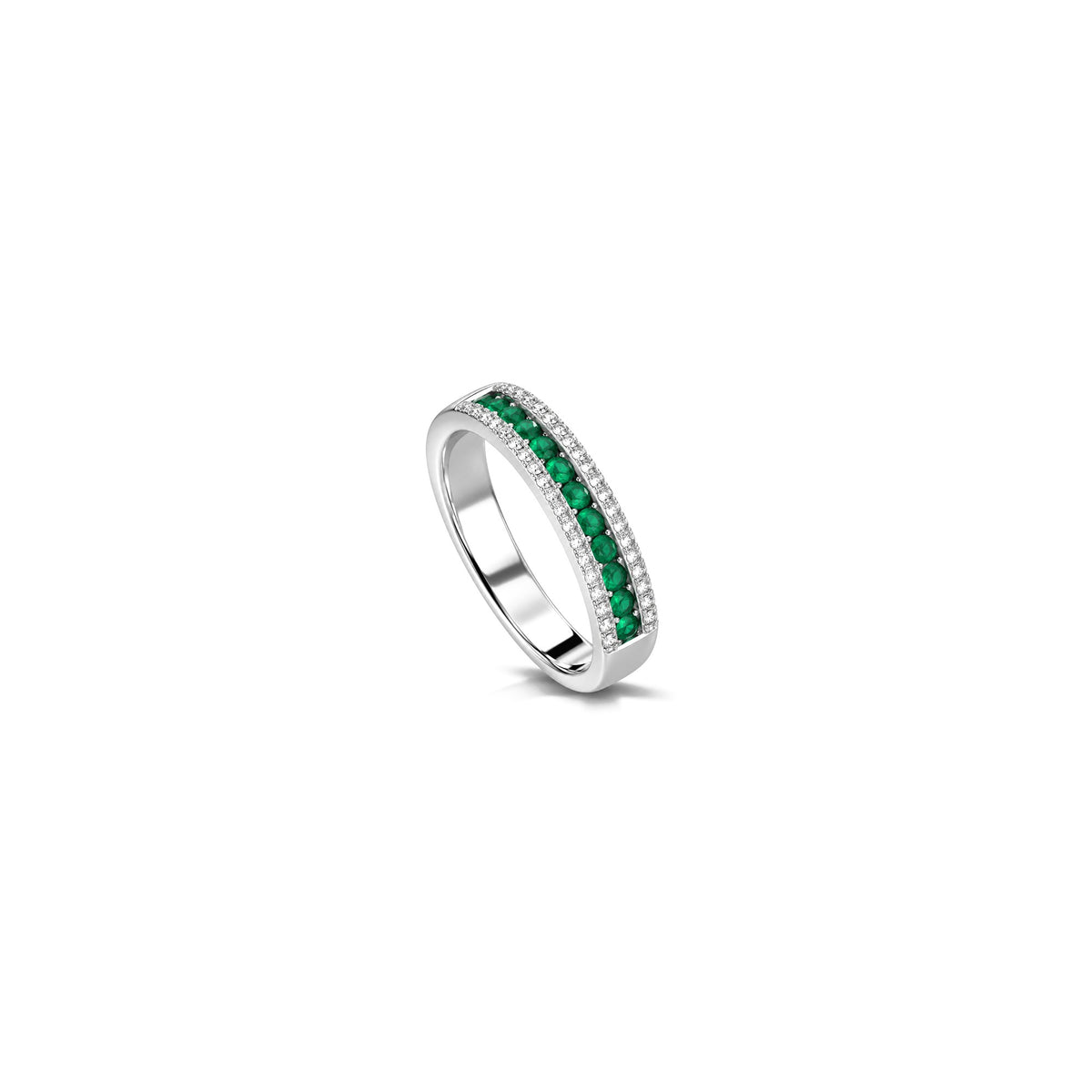 Riv Ring with Natural Diamonds and Emerald in 18kt White Gold AuriA