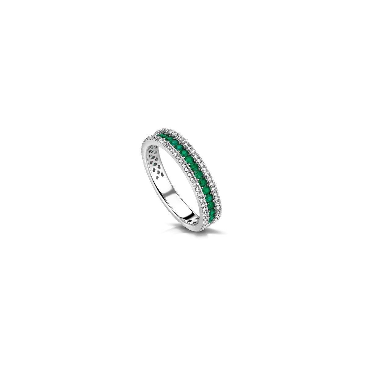Riv Ring with Natural Diamonds and Emerald in 18kt White Gold AuriA