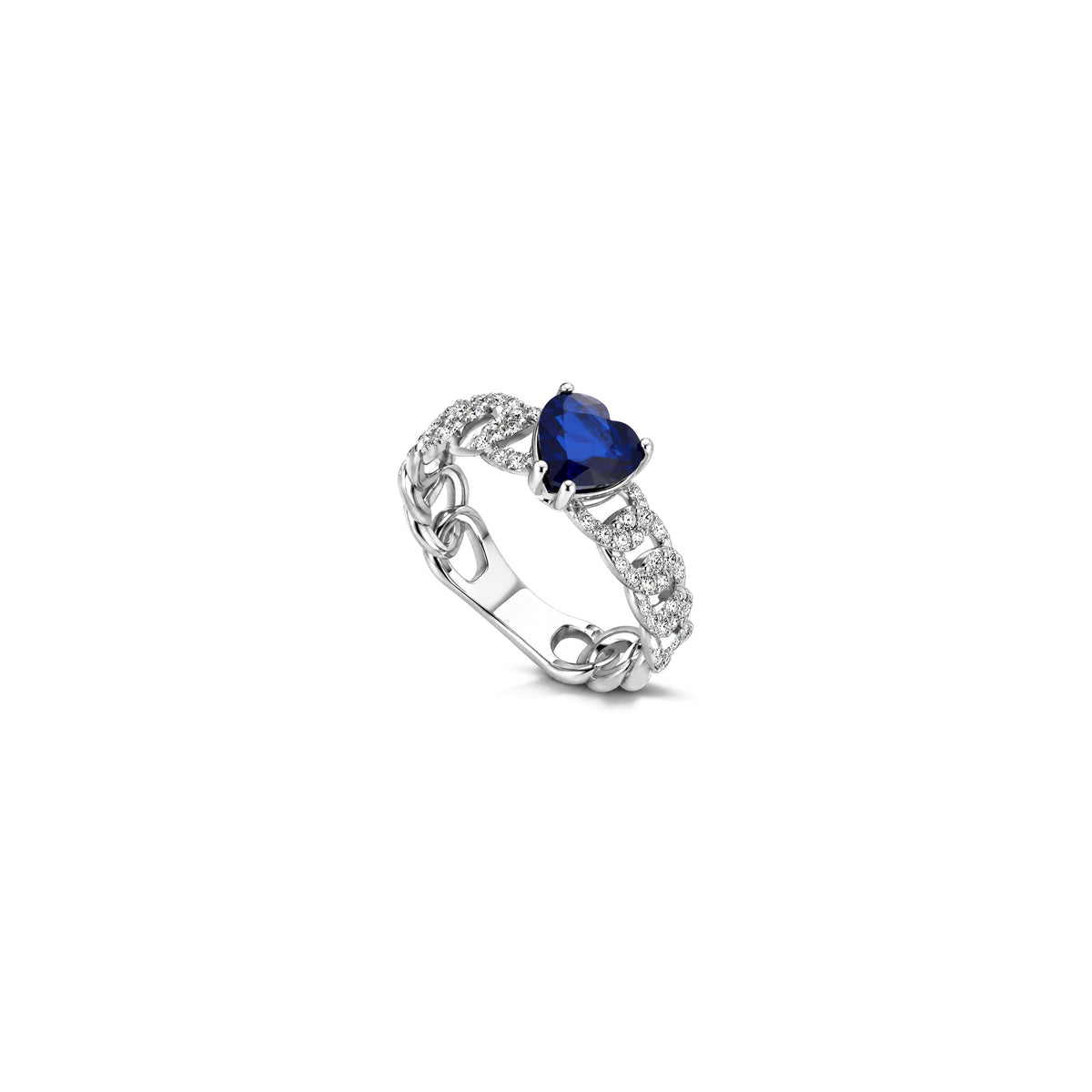 AuriA 18kt White Gold Heart Curb Chain Ring with Natural Diamonds and Sapphire