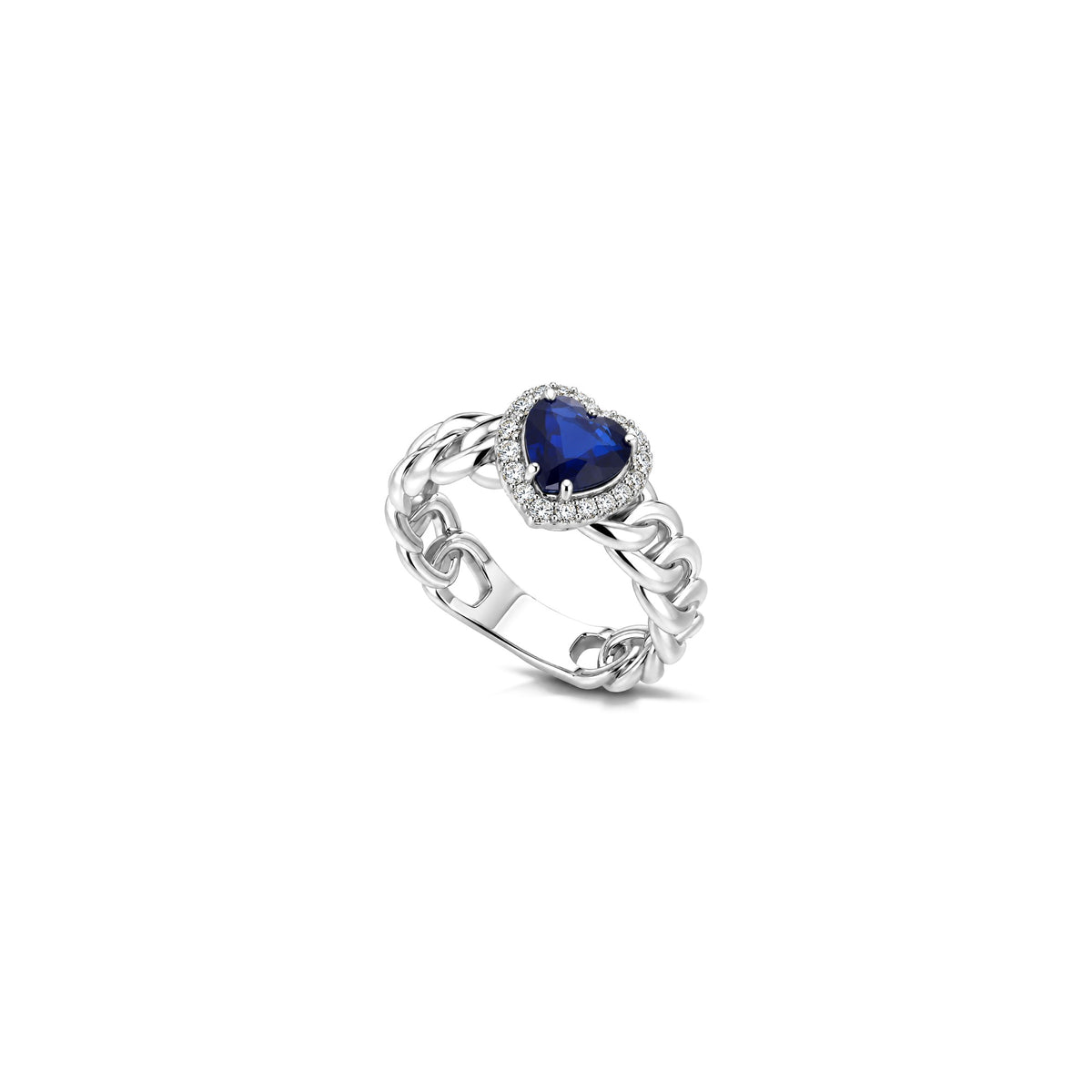 AuriA 18kt White Gold Heart Curb Chain Ring with Natural Diamonds and Sapphire