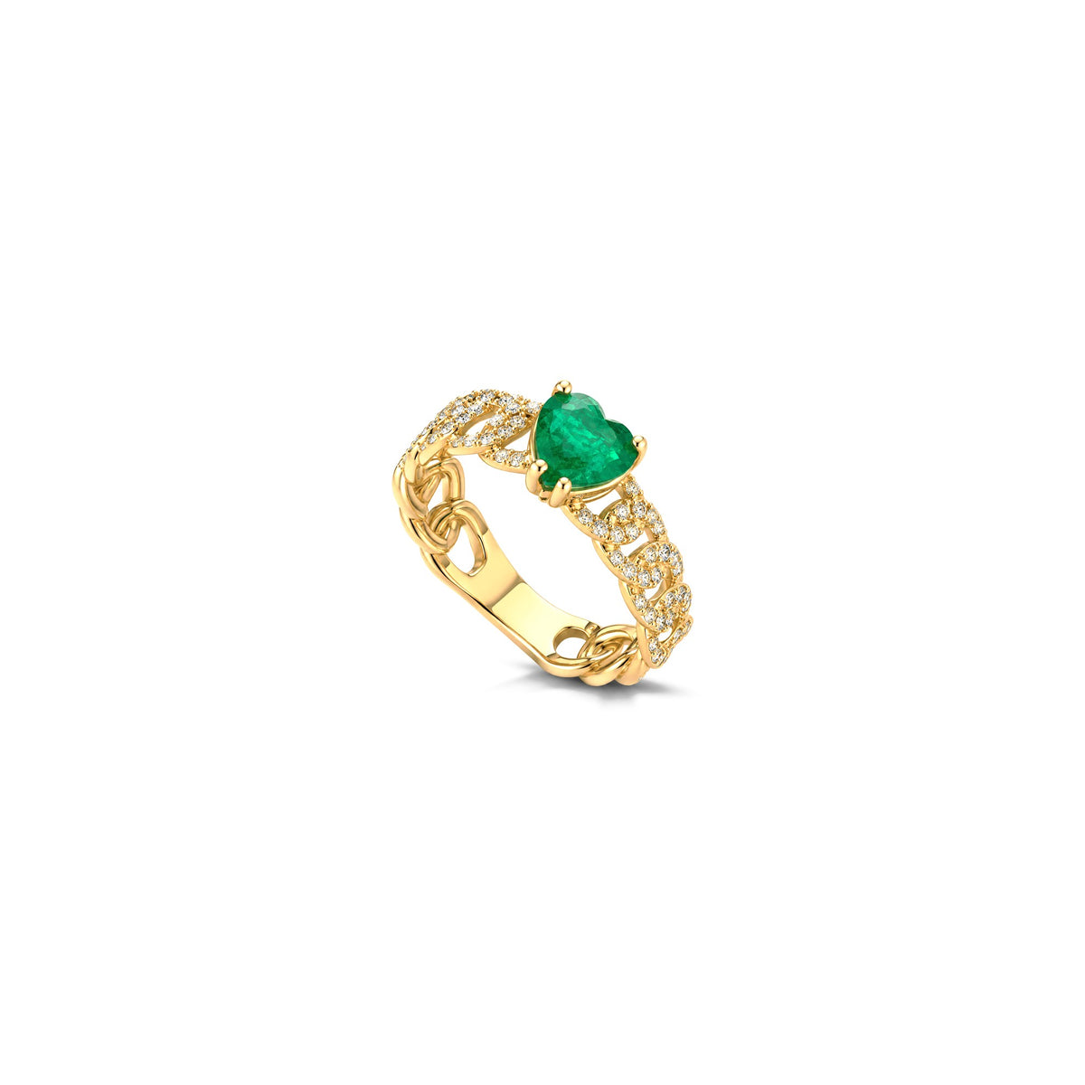 AuriA 18kt White Gold Heart-Link Ring with Natural Diamonds and Emerald