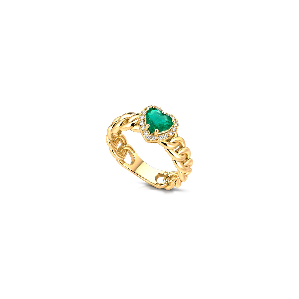 AuriA 18kt White Gold Heart-Link Ring with Natural Diamonds and Emerald