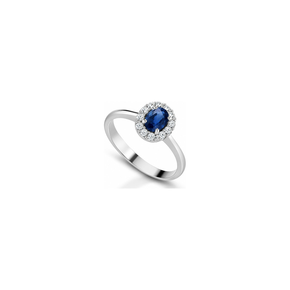 Anello Halo Ovale con Diamanti Naturali e Zaffiro in Oro Bianco 18kt