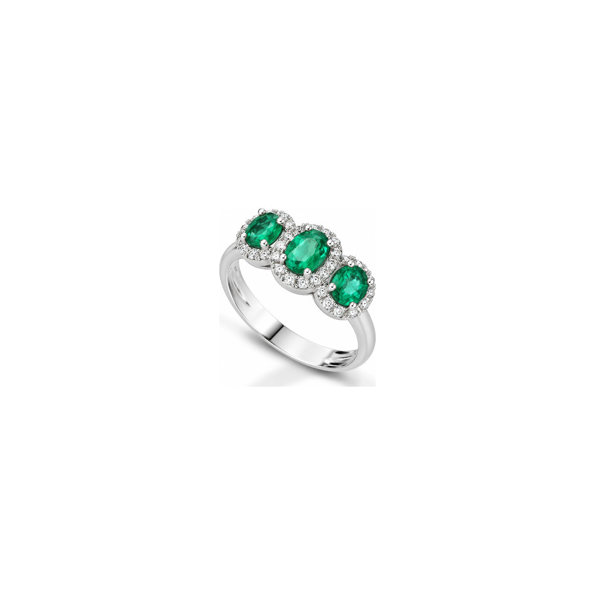 Anello Halo Ovale con Diamanti Naturali e Smeraldo in Oro Bianco 18kt