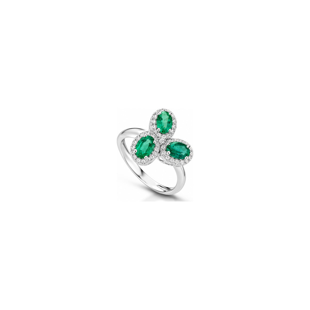 Anello Trilogy con Diamanti Naturali e Smeraldo in Oro Bianco 18kt