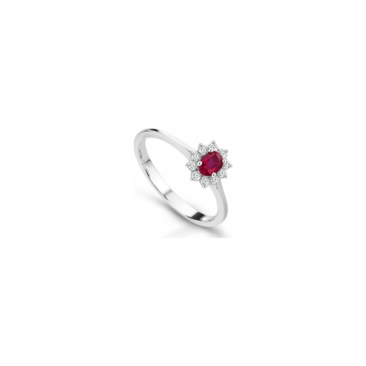 Anello Fiore Halo con Diamanti Naturali e Rubino in Oro Bianco 18kt
