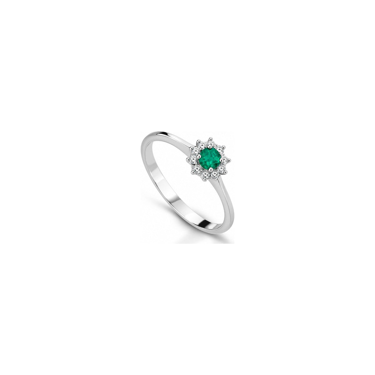 Anello Fiore Halo con Diamanti Naturali e Smeraldo in Oro Bianco 18kt