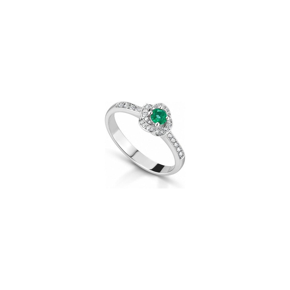 Anello Rosetta con Diamanti Naturali e Smeraldo in Oro Bianco 18kt