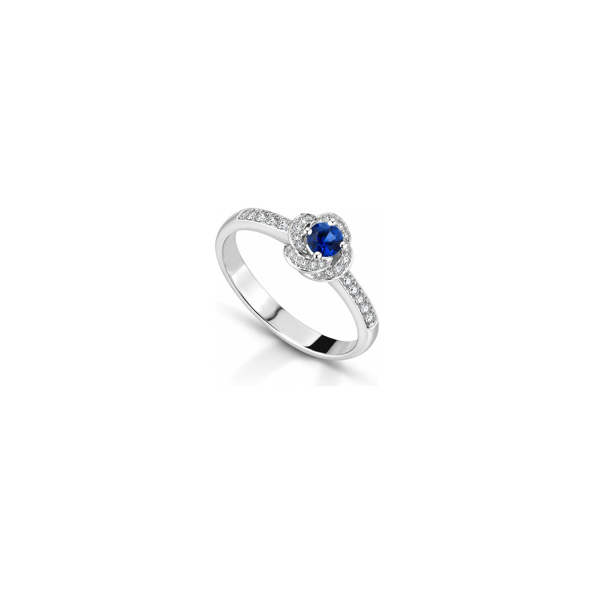 Anello Rosetta con Diamanti Naturali e Zaffiro in Oro Bianco 18kt