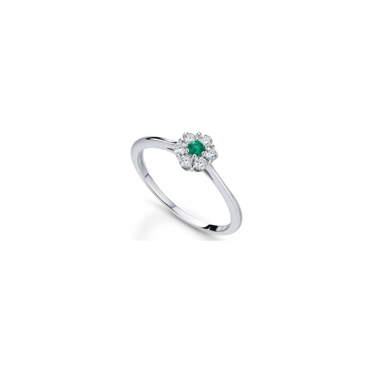 Anello Fiore con Diamanti Naturali e Smeraldo in Oro Bianco 18kt