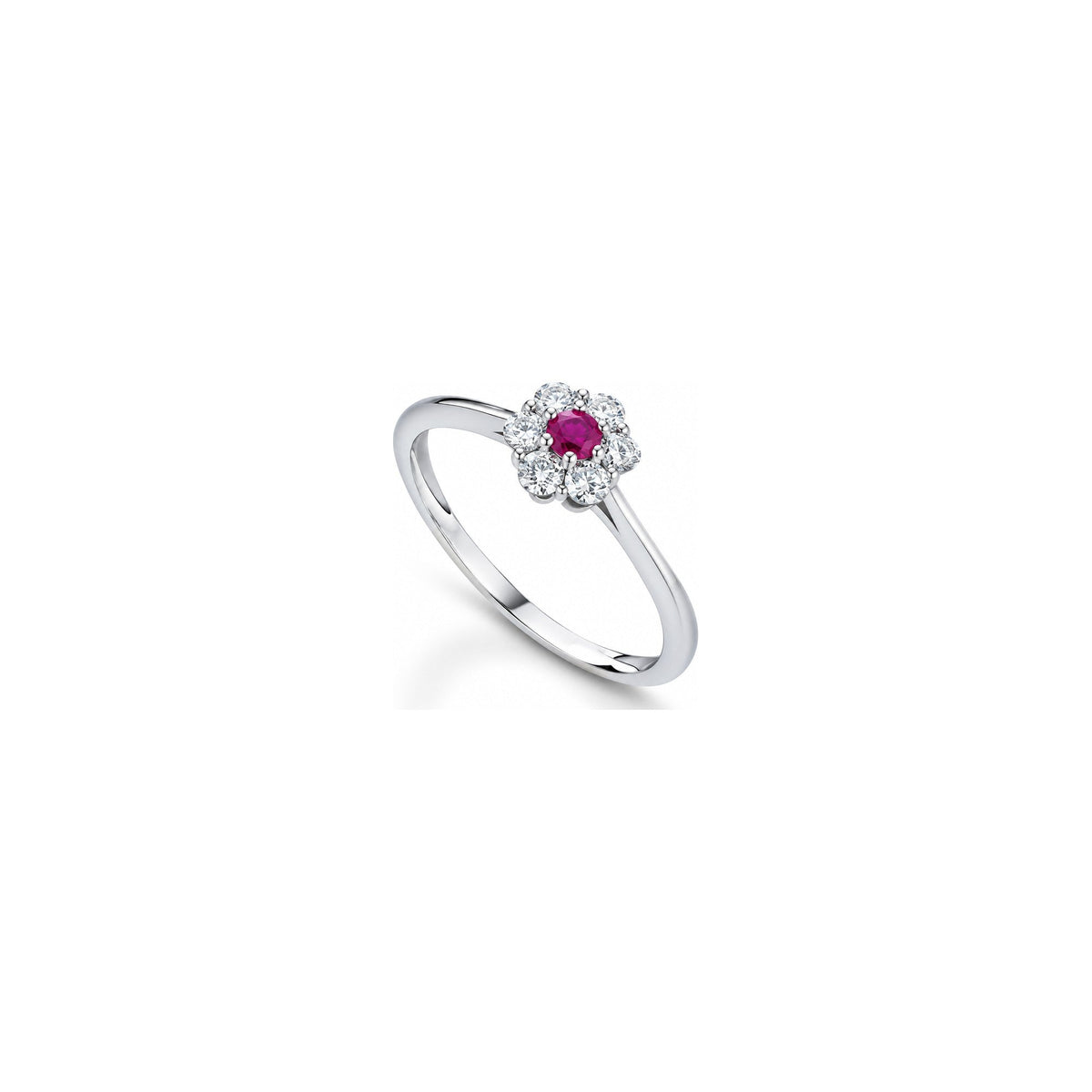 Anello Fiore con Diamanti Naturali e Rubino in Oro Bianco 18kt