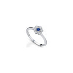 Anello Fiore con Diamanti Naturali e Zaffiro in Oro Bianco 18kt
