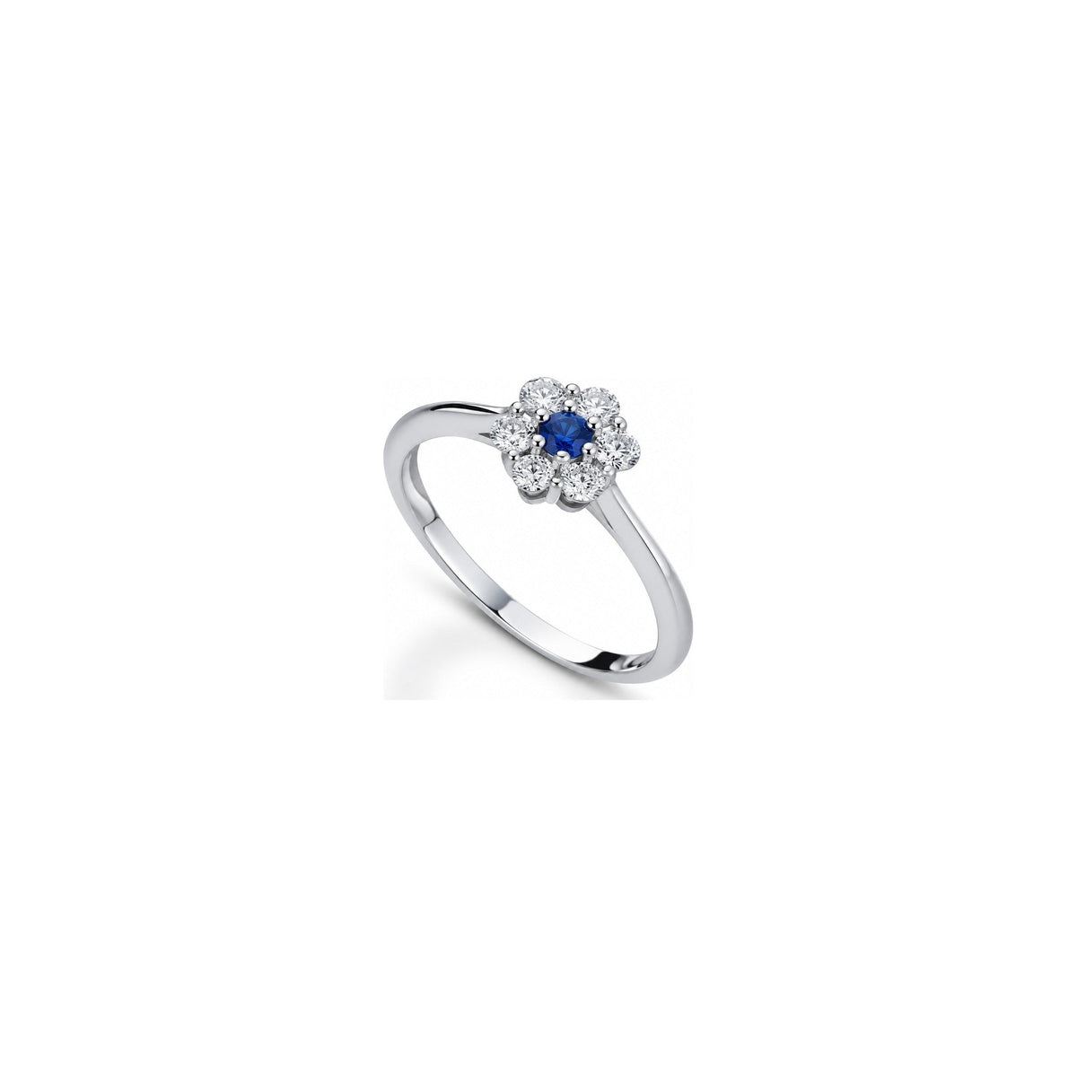 Anello Fiore con Diamanti Naturali e Zaffiro in Oro Bianco 18kt