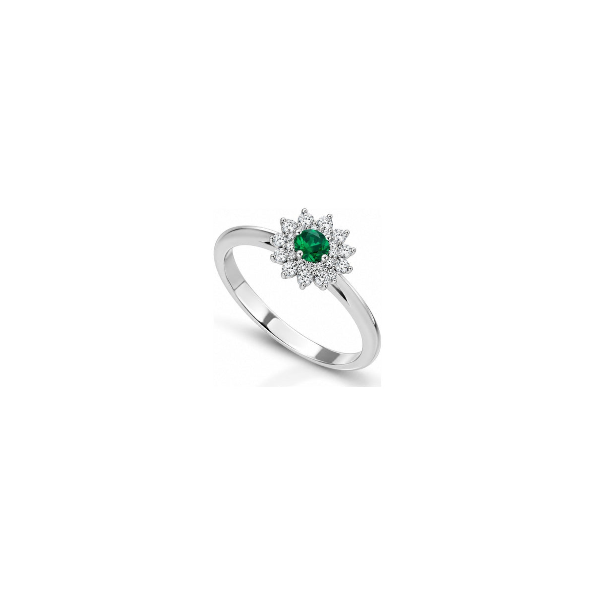 Anello Raggiera con Diamanti Naturali e Smeraldo in Oro Bianco 18kt