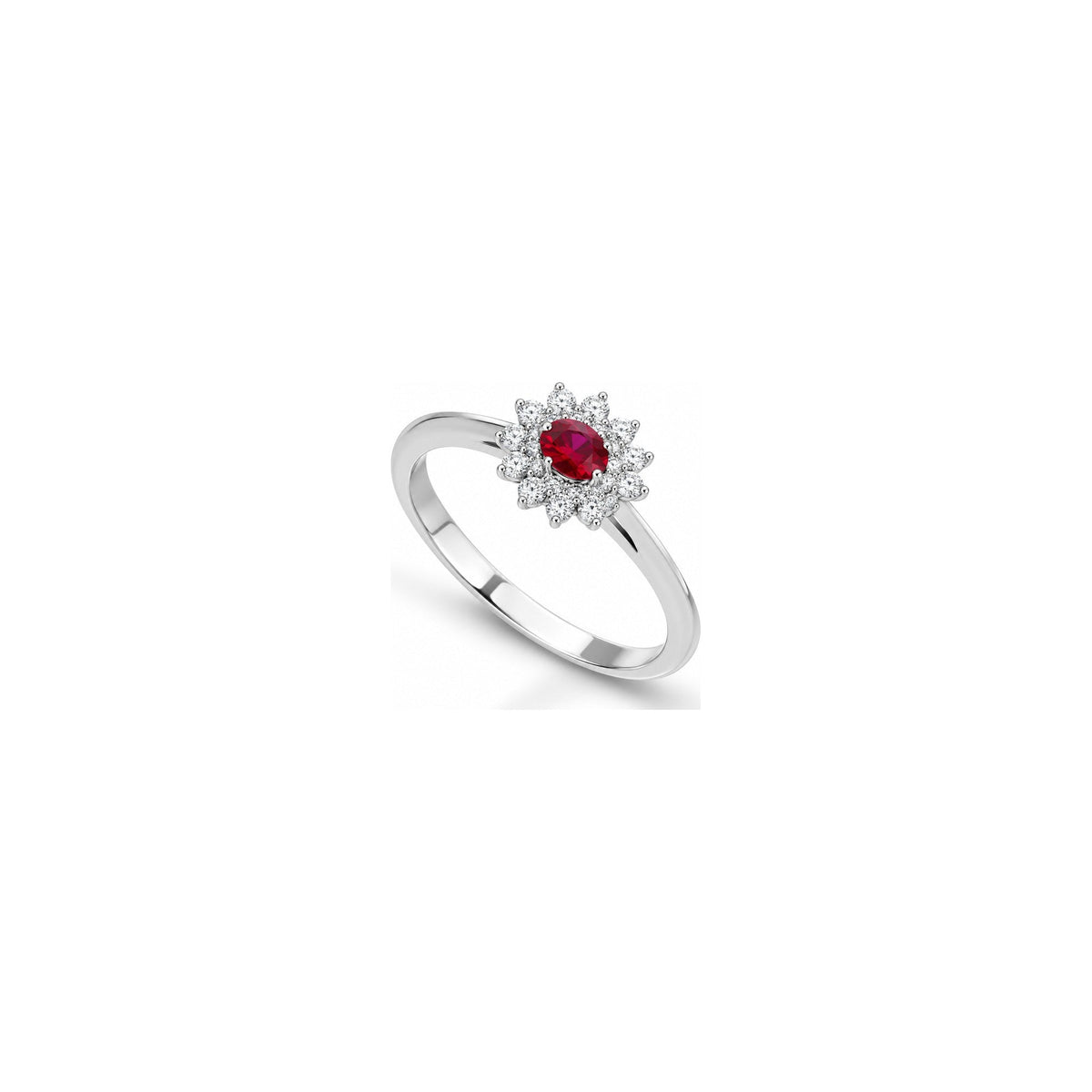 Anello Raggiera con Diamanti Naturali e Rubino in Oro Bianco 18kt