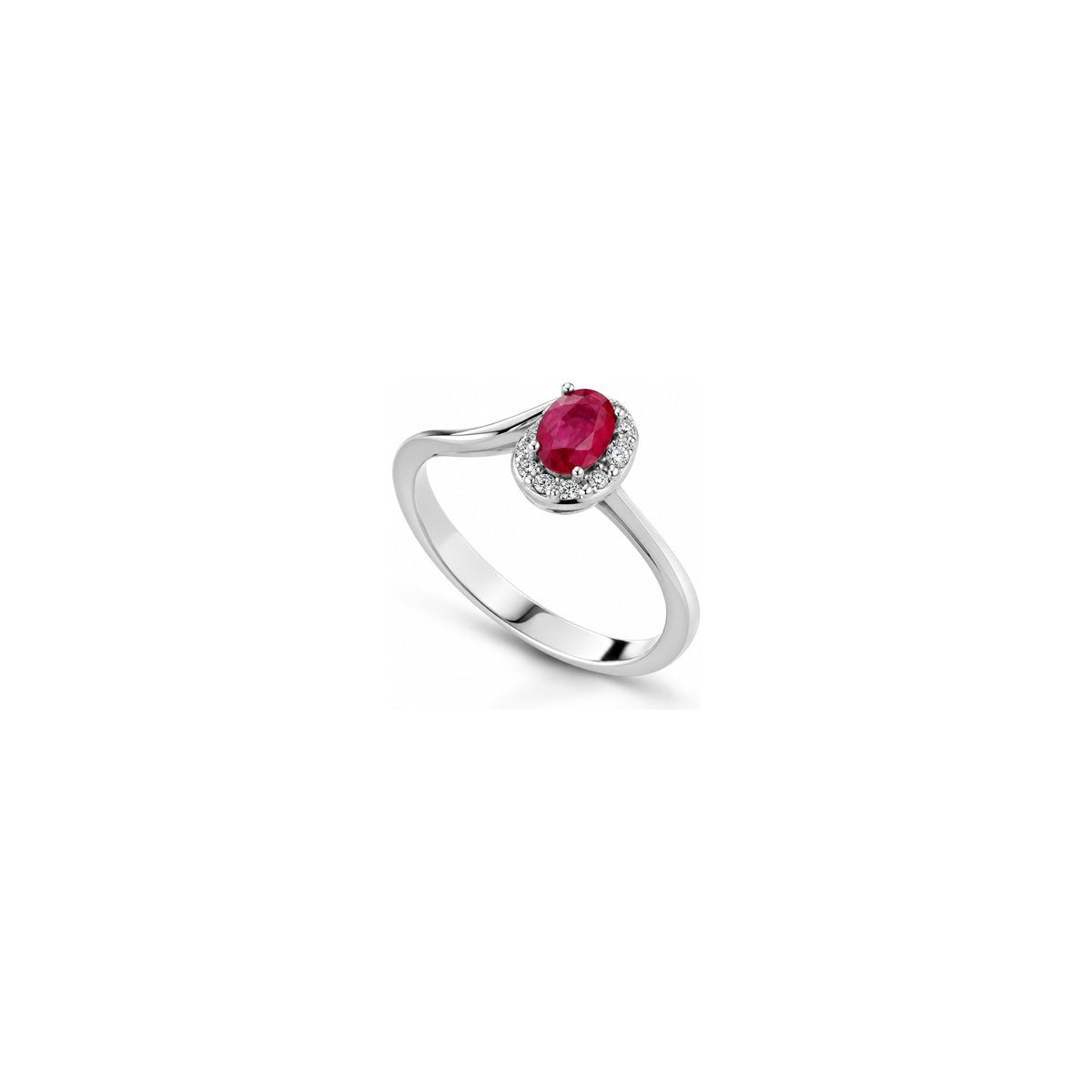 Anello Halo Ovale con Diamanti Naturali e Rubino in Oro Bianco 18kt