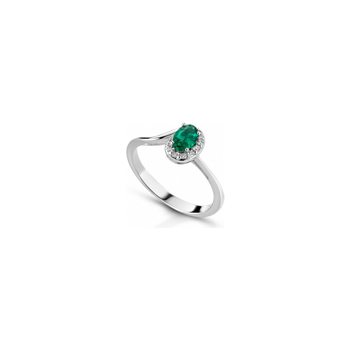 Anello Halo Ovale con Diamanti Naturali e Smeraldo in Oro Bianco 18kt
