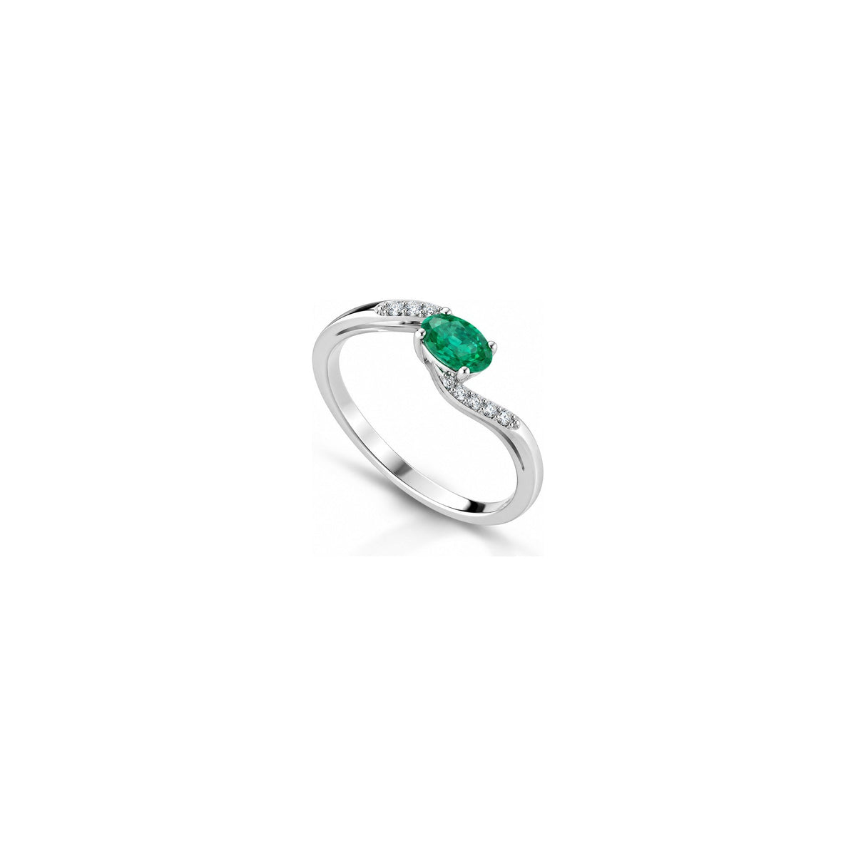 Anello Onda con Diamanti Naturali e Smeraldo in Oro Bianco 18kt