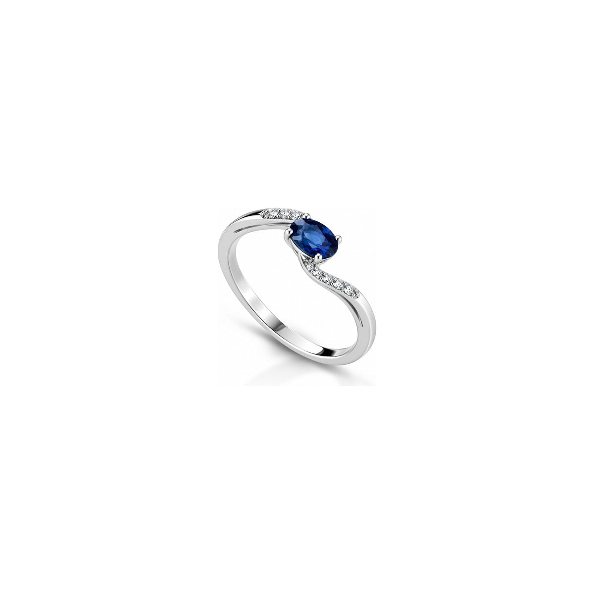 Anello Onda con Diamanti Naturali e Zaffiro in Oro Bianco 18kt
