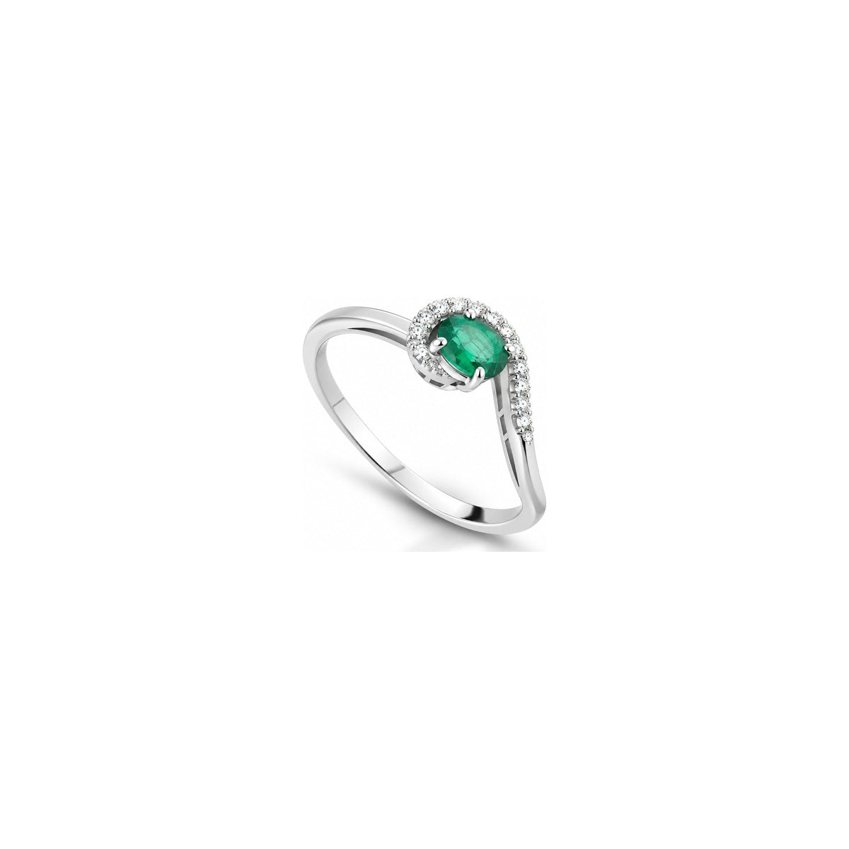 Anello Spirale con Diamanti Naturali e Smeraldo in Oro Bianco 18kt