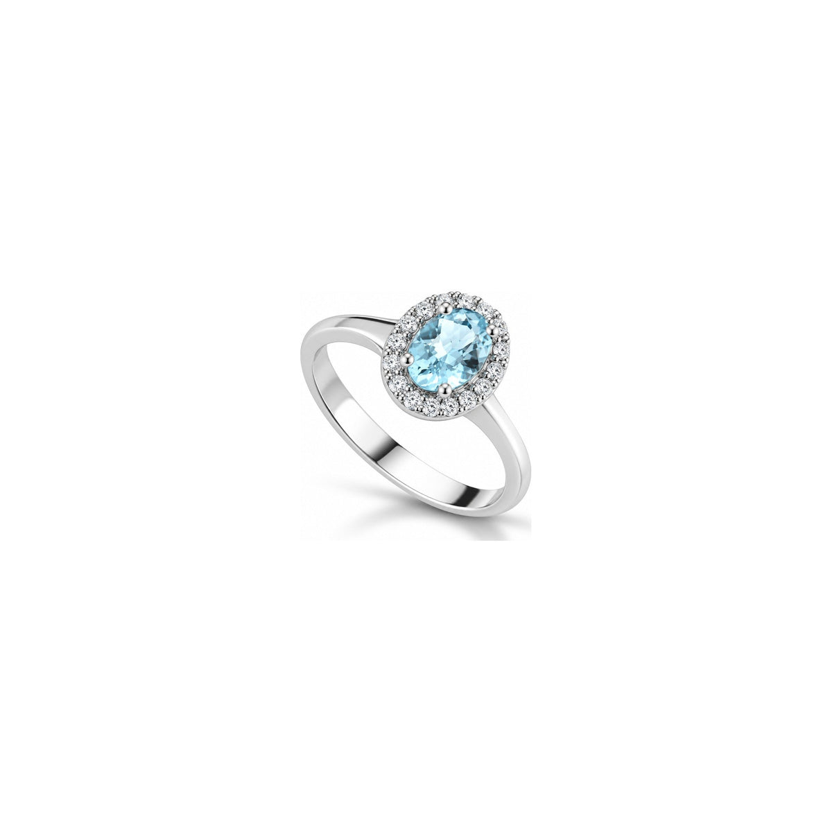 Anello Halo Ovale con Diamanti Naturali e Acquamarina in Oro Bianco 18kt