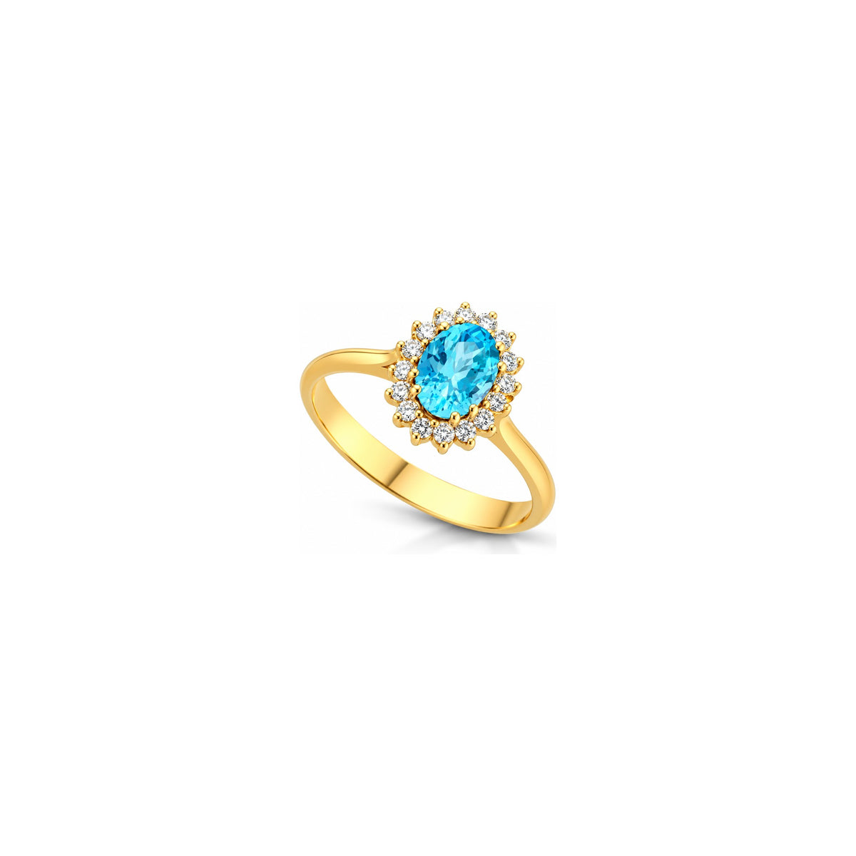 Anello con Diamanti Naturali e Acquamarina in Oro Giallo 18kt
