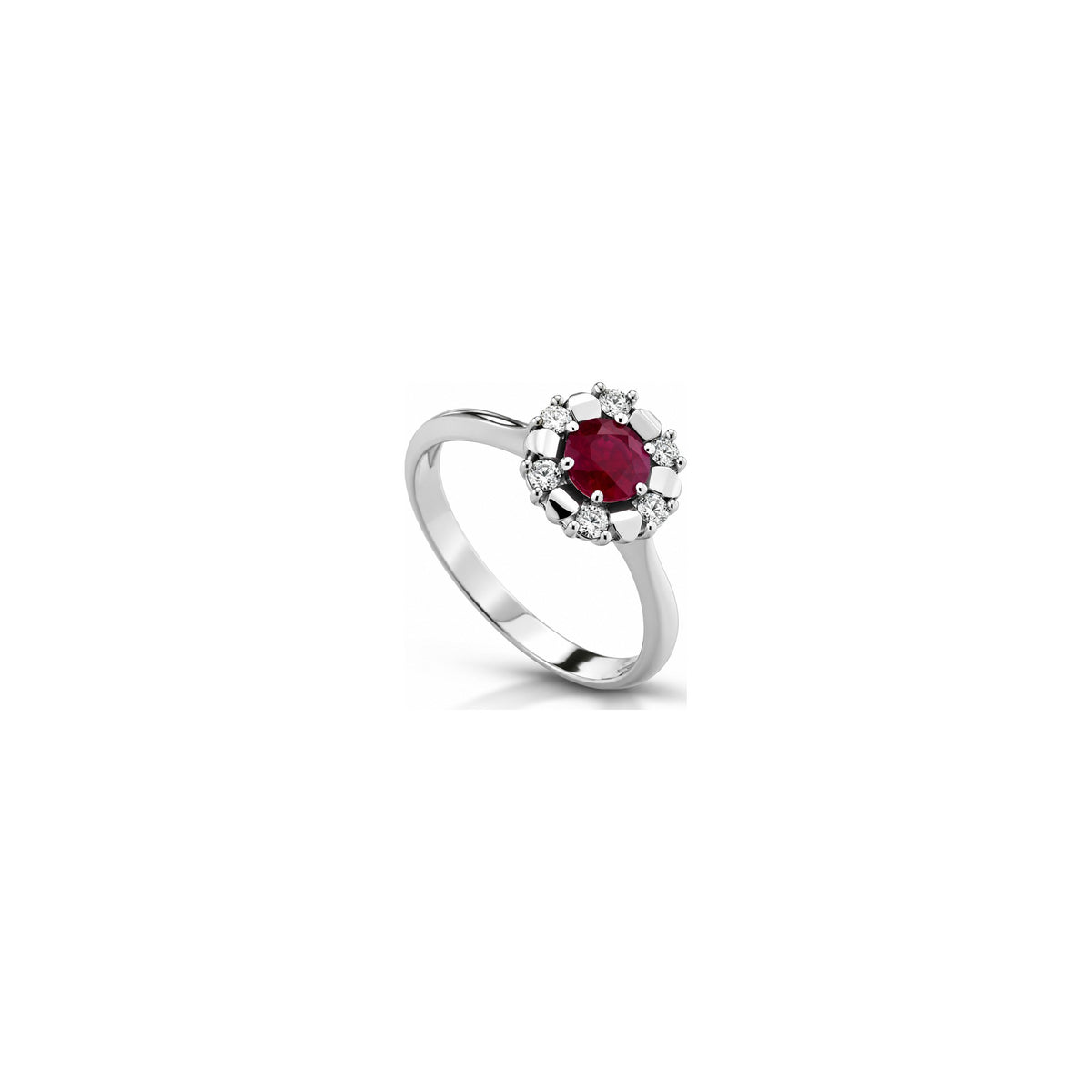 Anello Tonda con Diamanti Naturali e Rubino in Oro Bianco 18kt