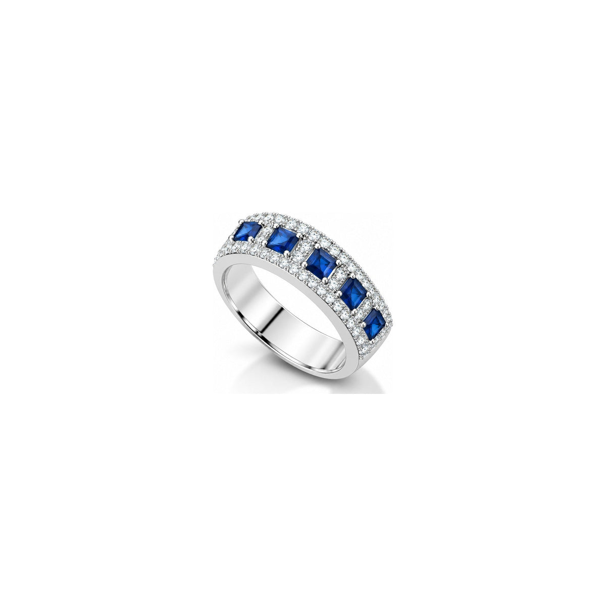 Anello Quadrato con Diamanti Naturali e Zaffiro in Oro Bianco 18kt