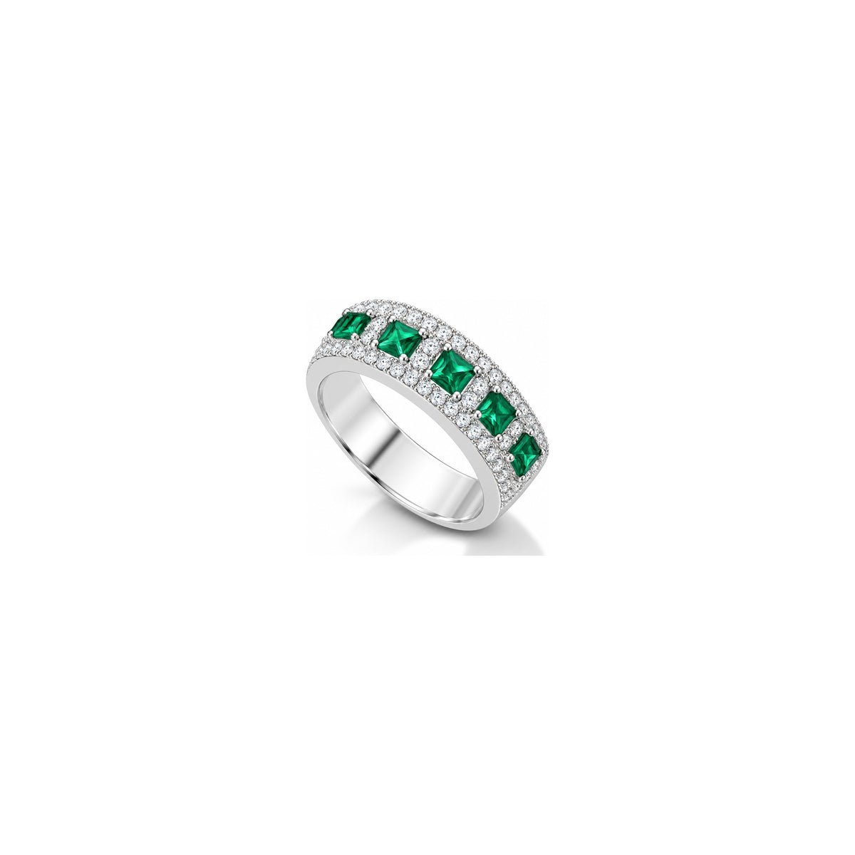 Anello con Diamanti Naturali e Smeraldo in Oro Bianco 18kt