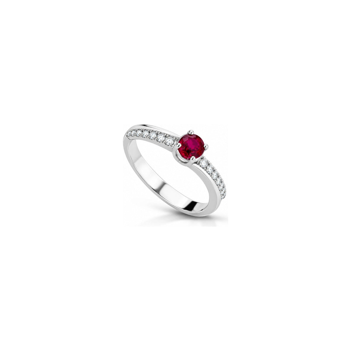 Anello Diagonale con Diamanti Naturali e Rubino in Oro Bianco 18kt