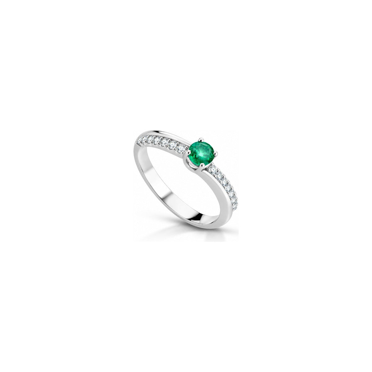 Anello Diagonale con Diamanti Naturali e Smeraldo in Oro Bianco 18kt