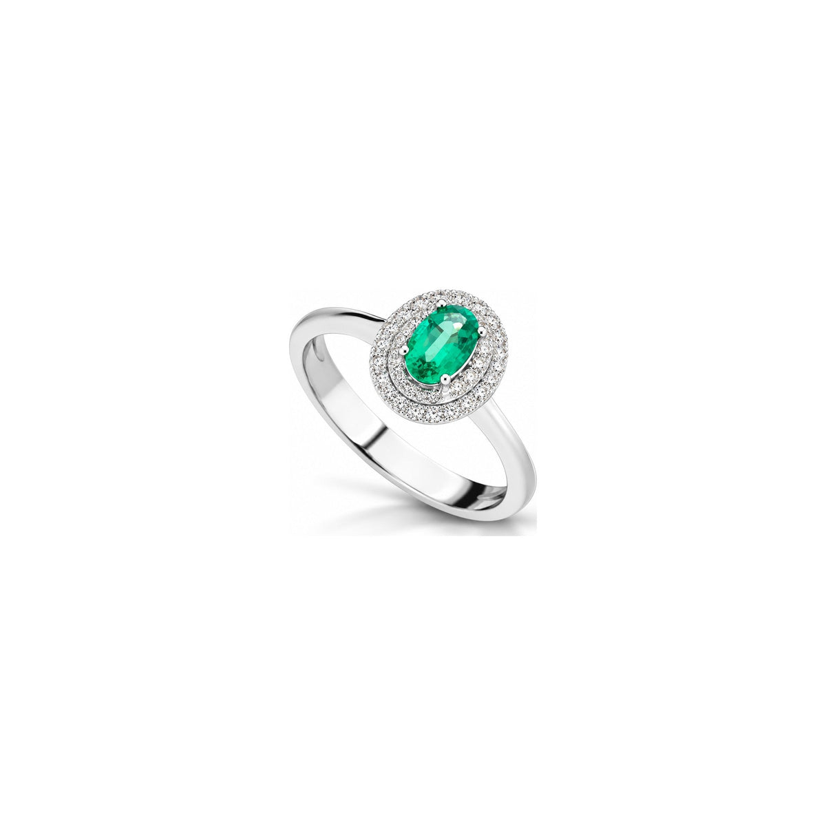 Anello Ovale con Diamanti Naturali e Smeraldo in Oro Bianco 18kt