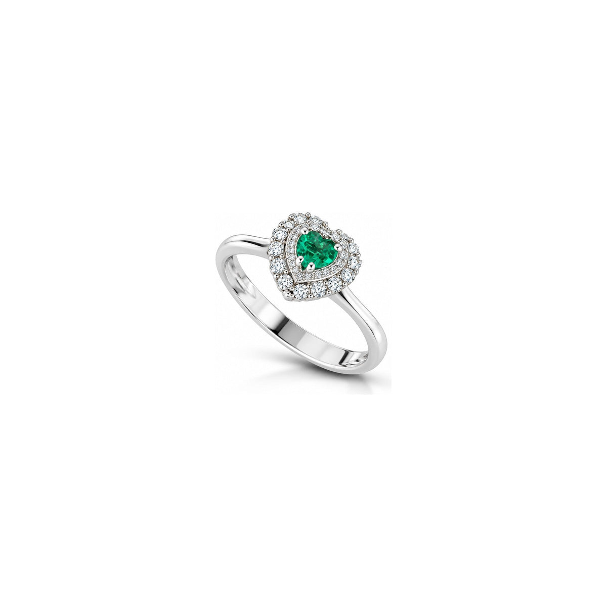 Anello Cuore con Diamanti Naturali e Smeraldo in Oro Bianco 18kt